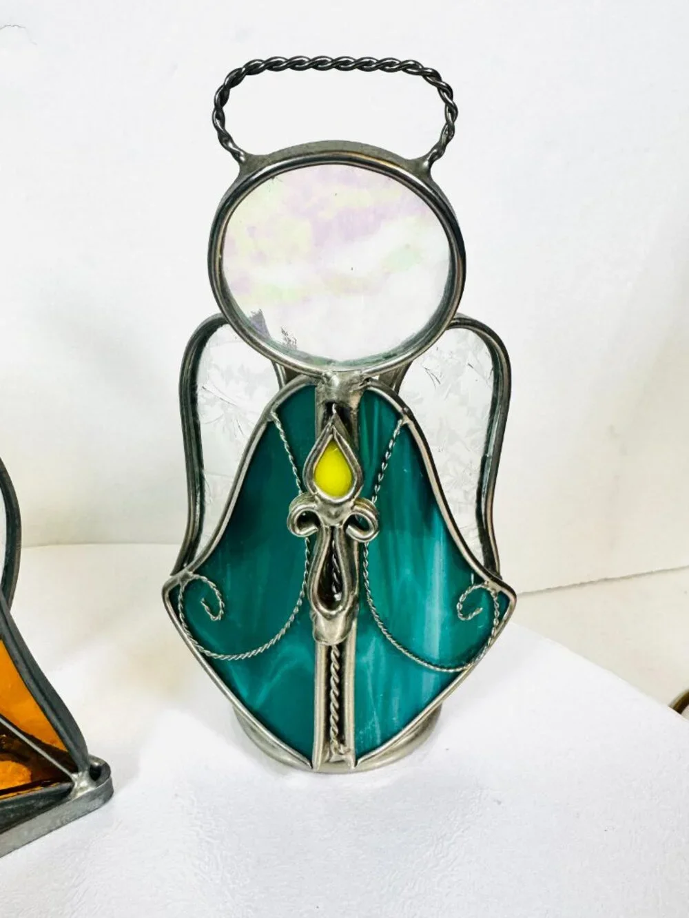 Vtg Stained Glass Angels & Nativity Tealight Candle holder 5.5